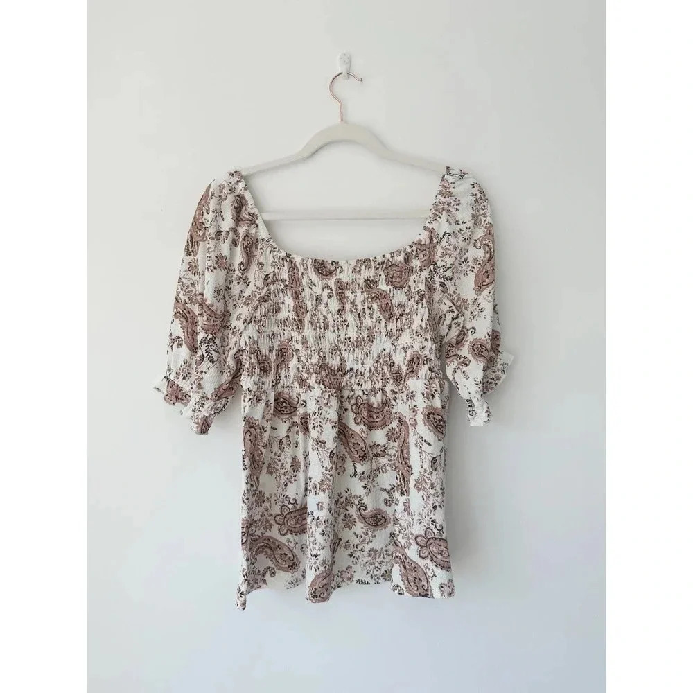 Nordtrom Meloday Paisley Print Puff Sleeve Top with Smocking - Picture 3 of 10